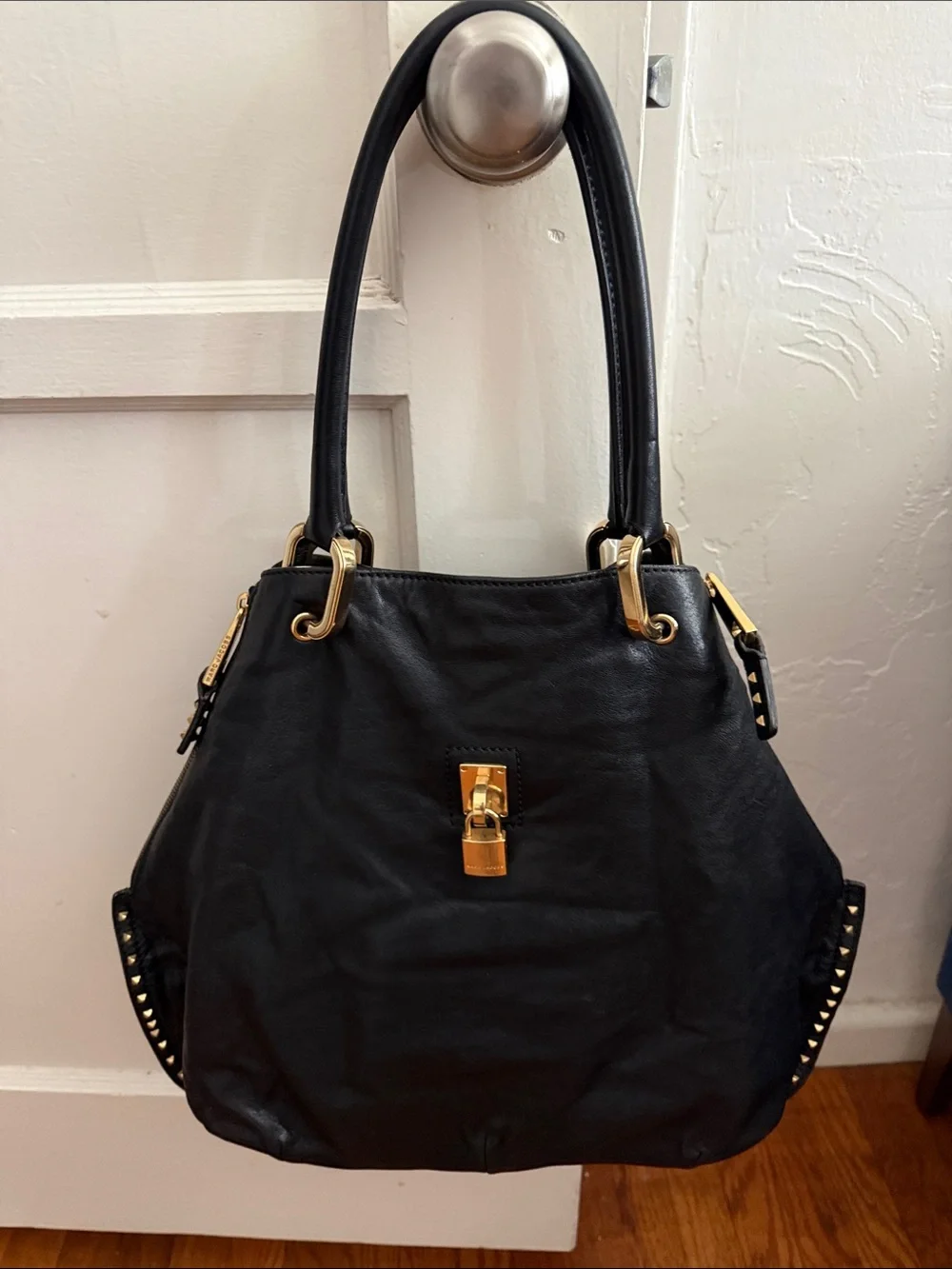 Black Leather Tote Bag with Gold Hardware